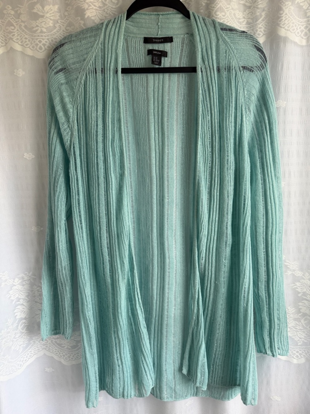 Tahari 100% Linen Open Front Cardigan Aqua Blue Green Plus Size 2X